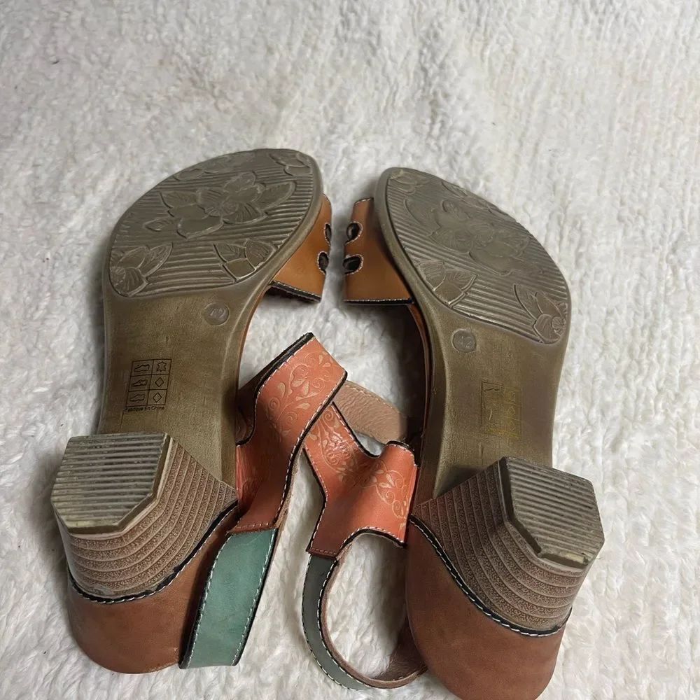 L'ATISTE by Spring Step Yovela multi color Floral Sandals block heels SZ42 US10
